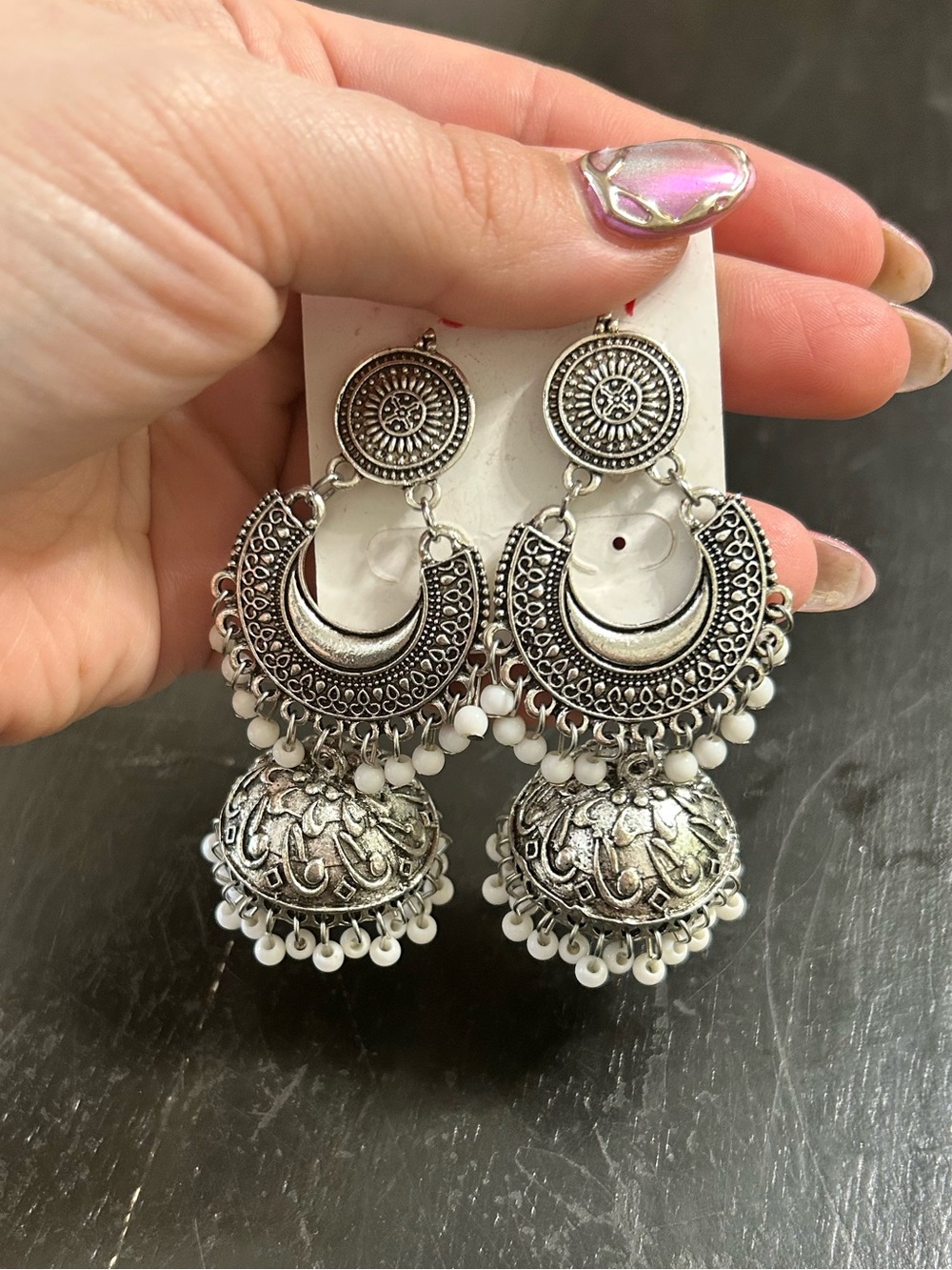 Silver-Tone Filigree Jhumka Earrings with White Bead Fringe